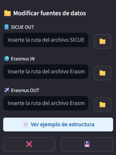 Panel de configuración de rutas