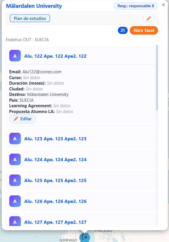 Desplegable de información detallada de un alumno
