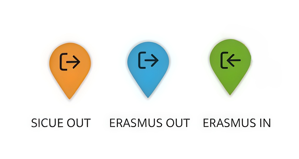 Los tres tipos de marcadores del mapa: Erasmus OUT (azul), Erasmus IN (verde) y SICUE OUT (naranja)