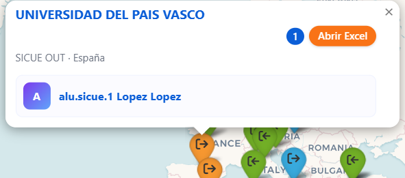 Popup del mapa con desplegable de un alumno listo para editar